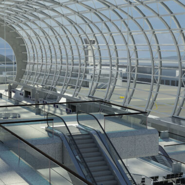 AutoCAD Family campaign image. Rendering of an airport terminal illustrating the design capabilities of AtuoCAD(R) software.